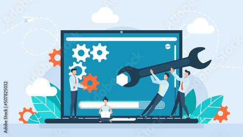 User interface customization, programming. Concept of creating, setting personal pages, and repairing. User customizes settings on monitor. Laptop screen with users personal page. Vector illustration photo