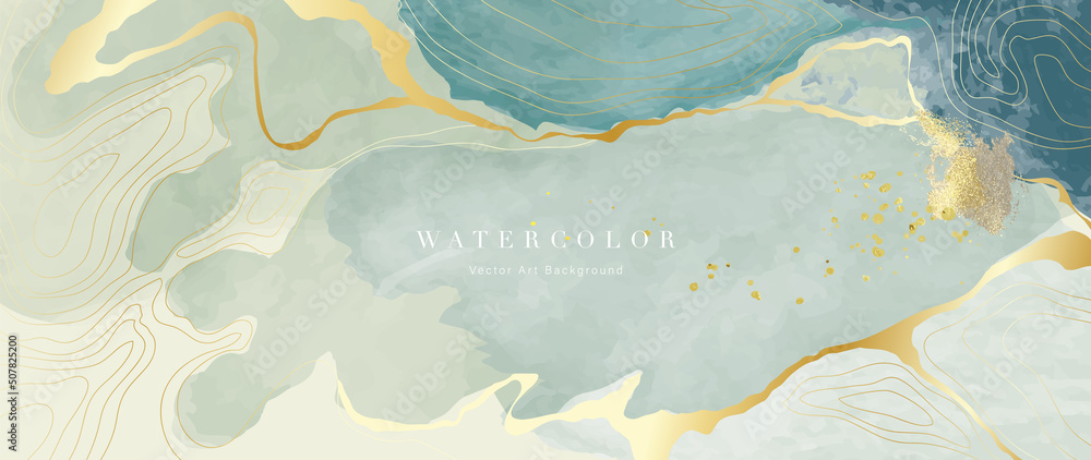 Abstract watercolor background vector. Luxury wallpaper design with paint brush and gold line art. Golden wave line, green marble texture illustration for prints, wall art, cover and invitation cards. - obrazy, fototapety, plakaty 