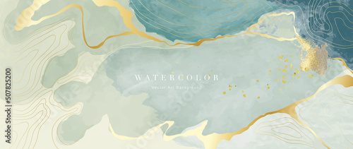 Abstract watercolor background vector. Luxury wallpaper design with paint brush and gold line art. Golden wave line, green marble texture illustration for prints, wall art, cover and invitation cards.