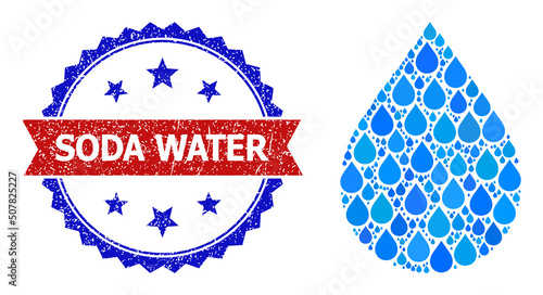 Vector mosaic water drop, and bicolor scratched Soda Water seal stamp. Water drop mosaic for clean water ads. Water drop is composed with blue drinking water tears.