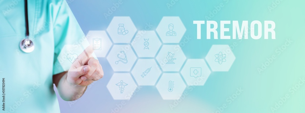 Tremor (Zittern). Männlicher Arzt zeigt mit Finger auf digitales Hologramm aus Icons. Text mit medizinischen Begriff. Konzept für Digitalisierung in der Medizin Tremor (Zittern). Männlicher Arzt zeigt mit Finger auf digitales Hologramm aus Icons. Text mit medizinischen Begriff. Konzept für Digitalisierung in der Medizin