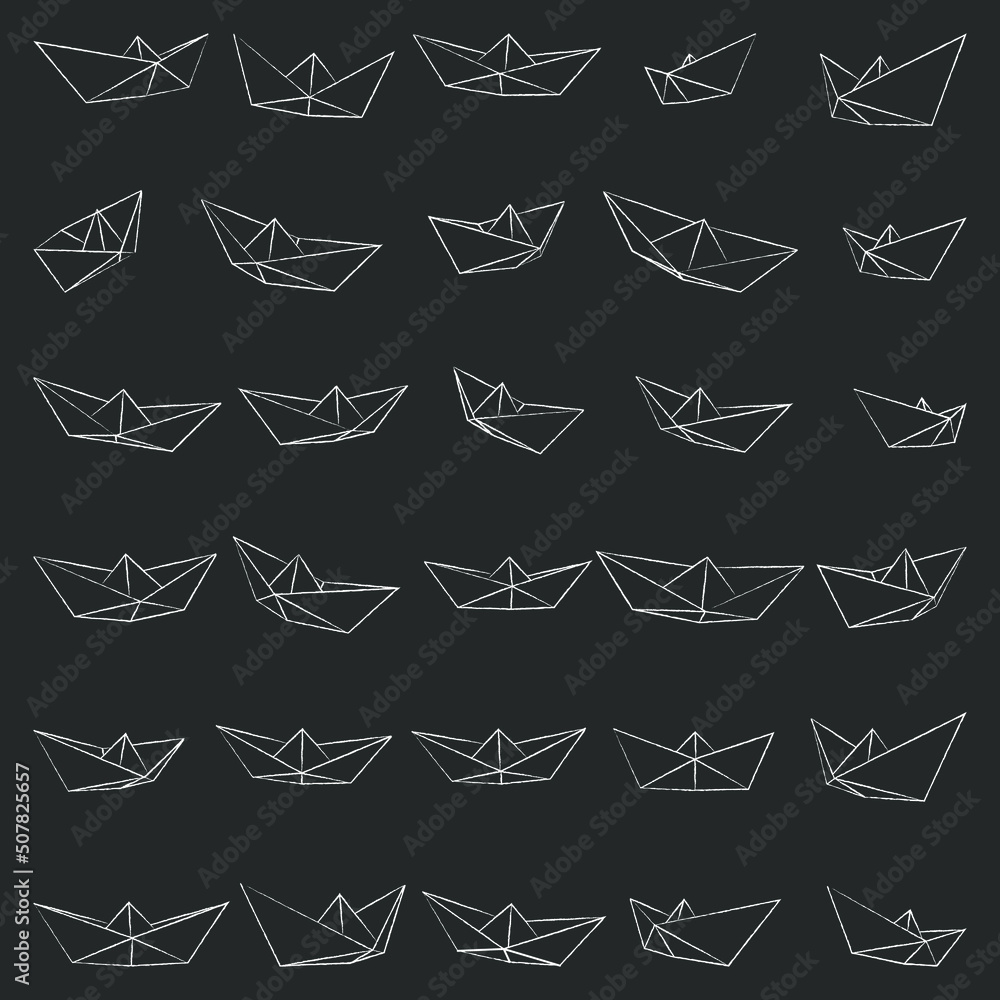 Set of vector illustrations of paper boat icons in chalk handdrawn style. Outline simple craft paper boat isolated on grey background. Icon symbol of travel and sea.