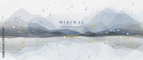 Abstract watercolor background vector. Luxury wallpaper with paint brush and gold line art. Black and gray watercolor, golden lines, mountain illustration for wall art, cover and invitation cards.