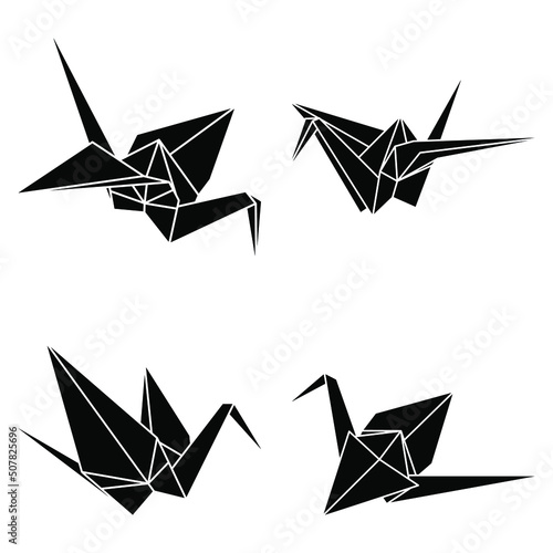 Set of origami crane vector silhouette illustration icon isolated on white background. Japanese traditional origami crane for infographic, website or app. Geometric line shape for art of folded paper.