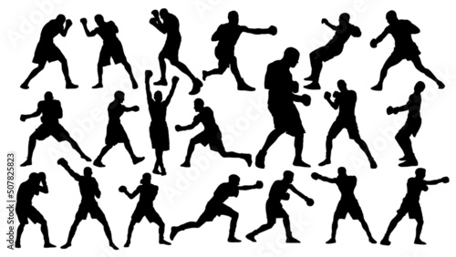 Set of silhouettes of boxer fighting