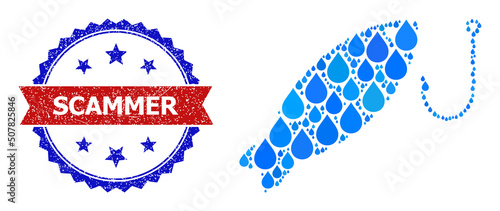Vector mosaic fishing, and bicolor textured Scammer stamp. Fishing mosaic for pure drink ads. Fishing is formed with blue pure aqua drops.