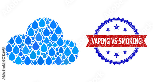 Vector mosaic cloud, and bicolor unclean Vaping Vs Smoking seal stamp. Cloud mosaic for clean drink advertisement. Cloud is composed with blue clean liquid drops.