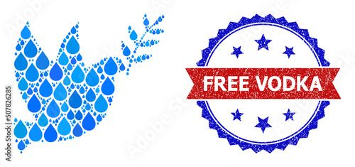 Vector mosaic peace dove, and bicolor scratched Free Vodka seal stamp. Peace dove mosaic for pure water ads. Peace dove is created with blue clear water tears.