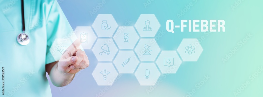 Q-Fieber (Query-Fieber). Männlicher Arzt zeigt mit Finger auf digitales Hologramm aus Icons. Text mit medizinischen Begriff. Konzept für Digitalisierung in der Medizin Q-Fieber (Query-Fieber). Männlicher Arzt zeigt mit Finger auf digitales Hologramm aus Icons. Text mit medizinischen Begriff. Konzept für Digitalisierung in der Medizin