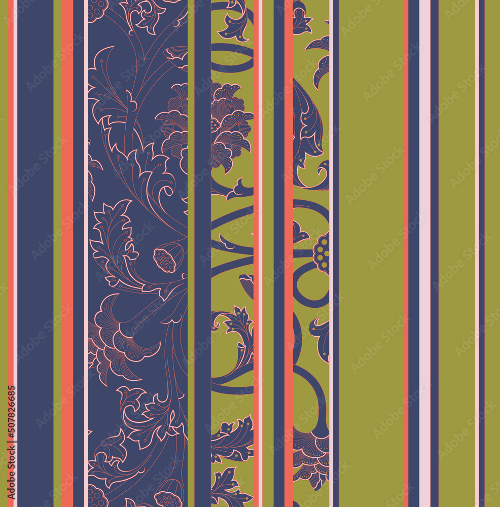 Seamless four tone pattern of ornamental, Indian lotus flowers, buds, bods, leaves and stripes in pink, red, olive green and dark blue Seamless four tone pattern of ornamental, Indian lotus flowers, buds, bods, leaves and stripes in pink, red, olive green and dark blue