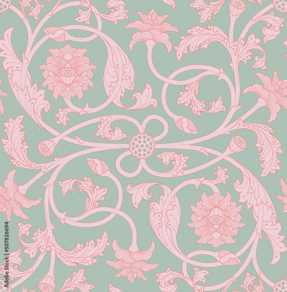 Seamless three tone pattern of ornamental, Indian lotus flowers, buds, bods, leaves and tendrils in pink, red and celadon green Seamless three tone pattern of ornamental, Indian lotus flowers, buds, bods, leaves and tendrils in pink, red and celadon green