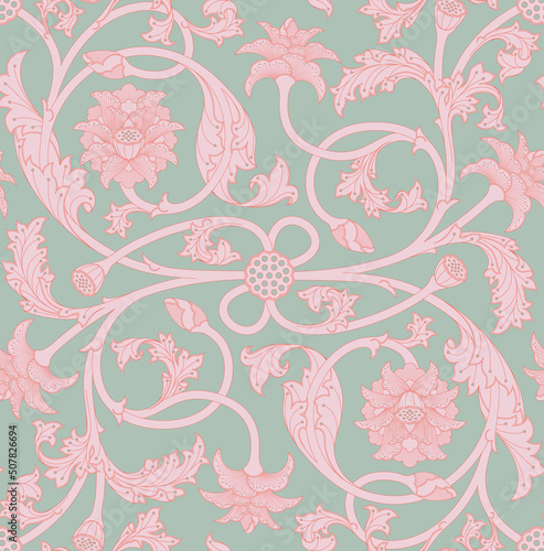 Seamless three tone pattern of ornamental, Indian lotus flowers, buds, bods, leaves and tendrils in pink, red and celadon green