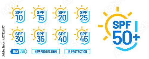 Spf Sun Protection Factor vector icon set