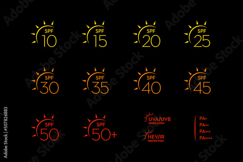 Spf Sun Protection Factor vector icon set