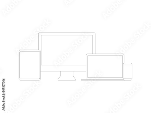 linear icons of devices. Laptop, smartphone, tablet, computer screen. Simple vector illustration.