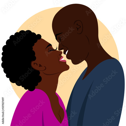 African American couple in love. Kiss, vector illustration. A couple of young people