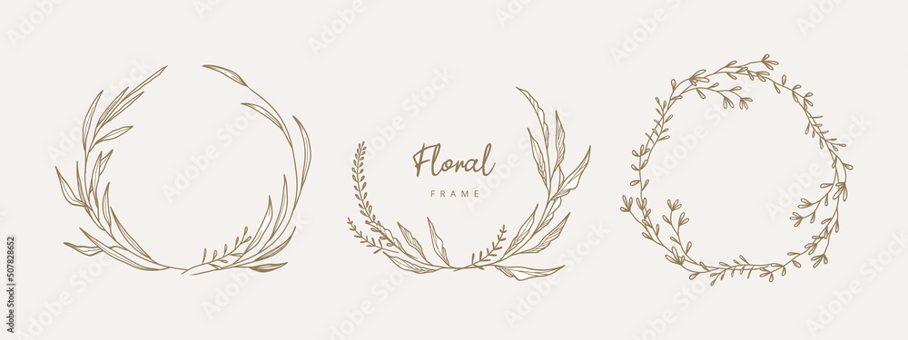 Hand drawn floral frames with flowers, branch and leaves. Elegant logo template. Vector illustration for labels, branding business identity, wedding invitation Hand drawn floral frames with flowers, branch and leaves. Elegant logo template. Vector illustration for labels, branding business identity, wedding invitation
