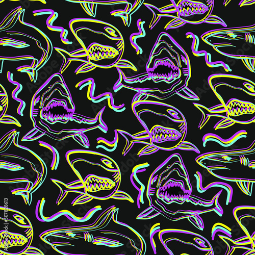 Abstract seamless vector pattern for girls, boys, clothes. Creative background with neon sharks. Funny wallpaper for textile and fabric. Fashion style. Colorful bright