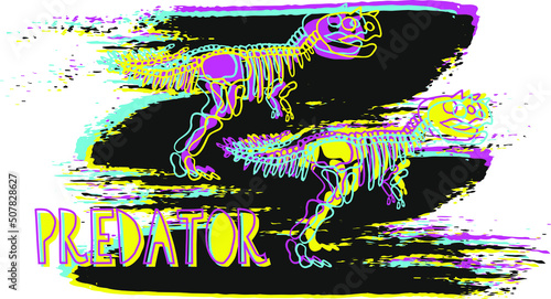 seamless pattern with predator dino. Prehistoric animal hand drawn texture. Carnotaurus bones and words decorative backdrop. Wallpaper, textile, wrapping paper design