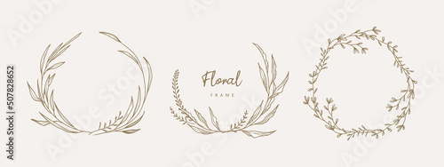 Hand drawn floral frames with flowers, branch and leaves. Elegant logo template. Vector illustration for labels, branding business identity, wedding invitation