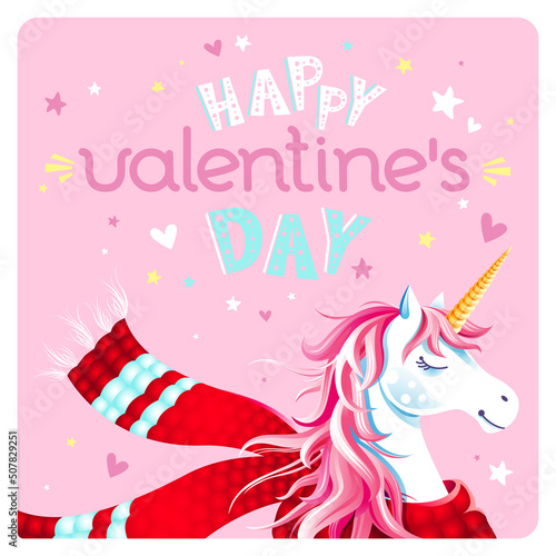 Cute Valentine's Day greeting card with unicorn, scarf, hearts and stars on pink background. Lettering "Happy Valentine's Day". Cartoon character. Square holiday vector background, banner, invitation