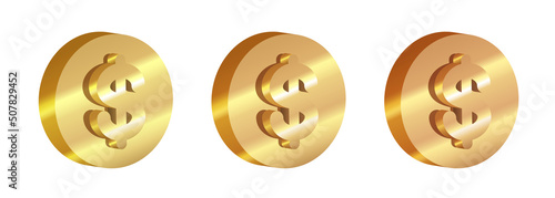 Gold 3D coin. Gold coin with dollar sign. Set of gold coins. Vector clipart isolated on white background.
