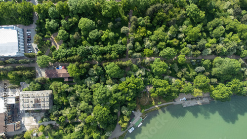 Top view from a drone on the park in summer