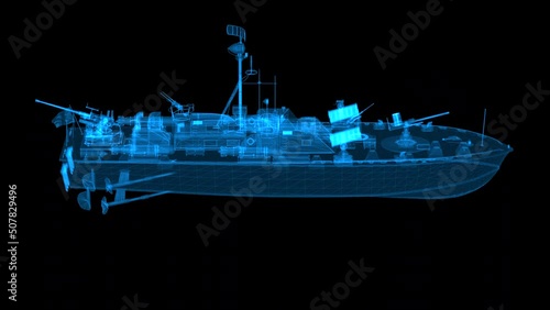 US patrol torpedo boat. High detailed 4k loop rotating 360 degrees military battle boat hologram footage. Slow motion 60 fps photo