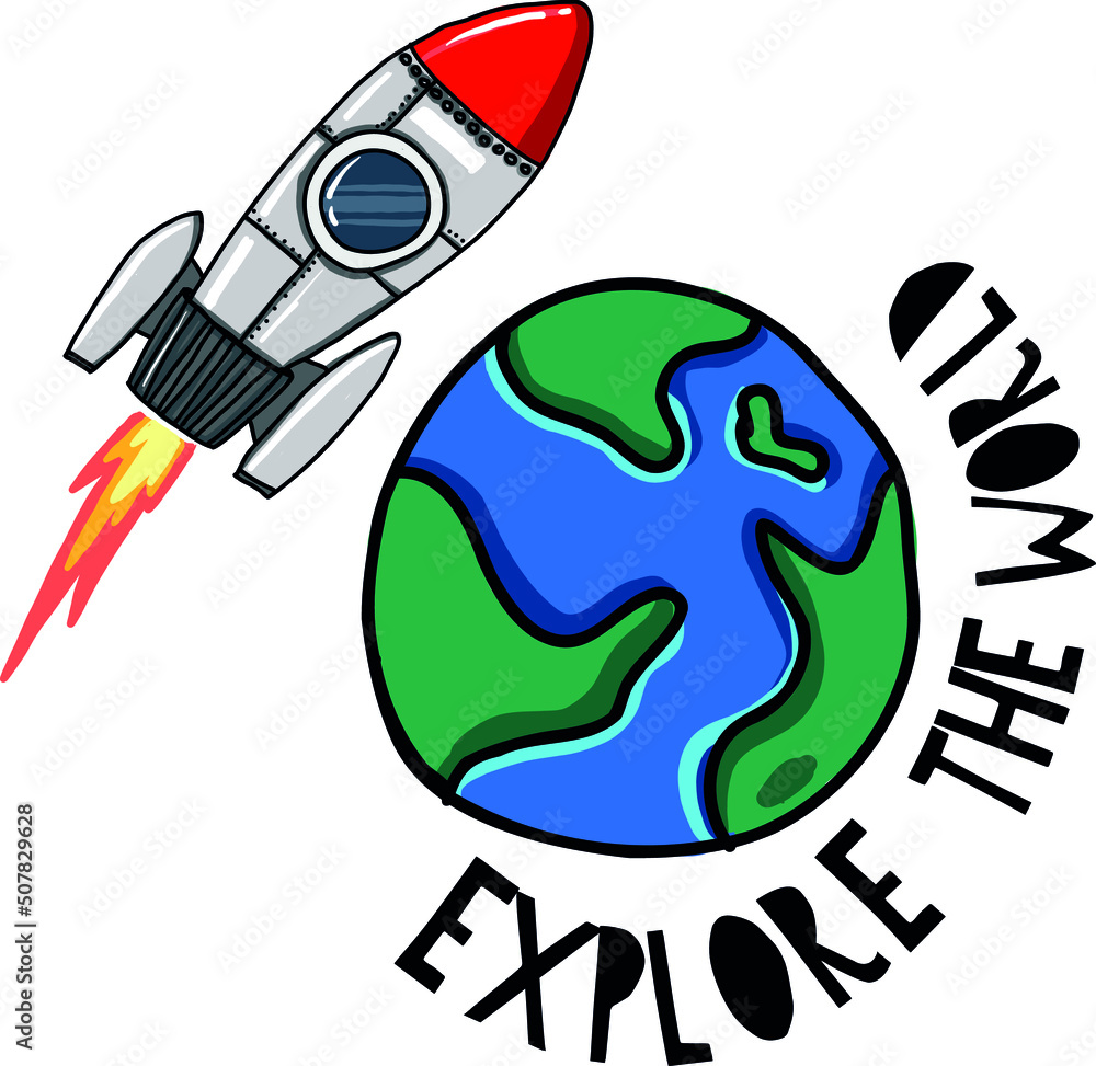 Explore the world. Print with earth and rocket for textile, fabric, t-shirt, stationery, art, poster, card and other design. Explore the world. Print with earth and rocket for textile, fabric, t-shirt, stationery, art, poster, card and other design.