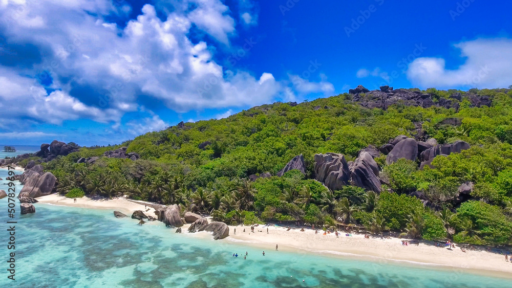 Aerial view of Anse Source Argent Beach in La Digue, Seychelles Islands - Africa
