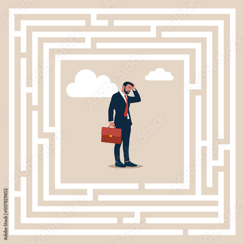 Solving problems. Businessman thinking how to pass the maze. Choose the right path. Flat design vector concept illustration. Vector clipart. Business concept