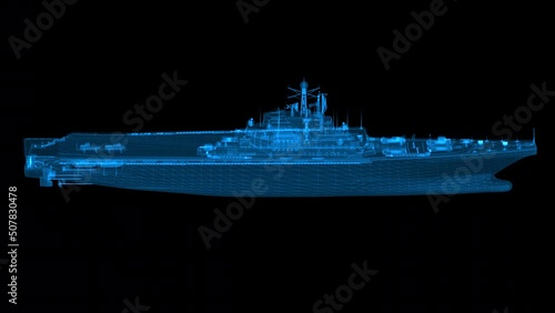 High detailed 4k loop rotating 360 degrees abstract military battle aircraft carrier hologram footage. Slow motion 60 fps