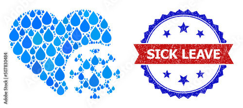 Vector mosaic heart infection, and bicolor rubber Sick Leave stamp. Heart infection mosaic for pure beverage advertisement. Heart infection is formed with blue clean liquid raindrops.