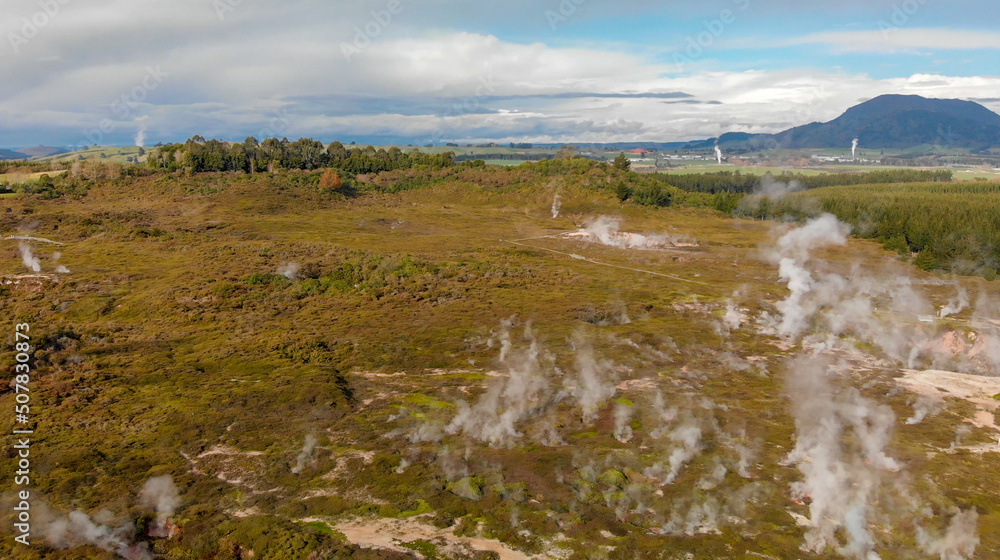 Craters of the moon natural park, Rotorua. Aerial view of New Zealand geysers Craters of the moon natural park, Rotorua. Aerial view of New Zealand geysers