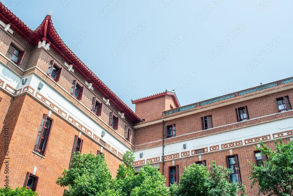 Retro red brick house building background