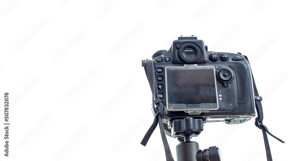 Modern photo camera on a white background - Back view.