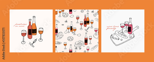 Vector trendy illustration template and icons in linear style - wine sets with bottles of wine, glasses and plates with cheese and fruits.