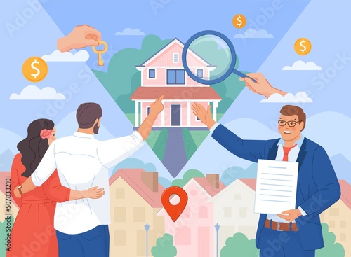 Choose city estate. Find industrial realty, people search town building for rent house or home apartment, loans entreprise bank finance business project, swanky vector illustration