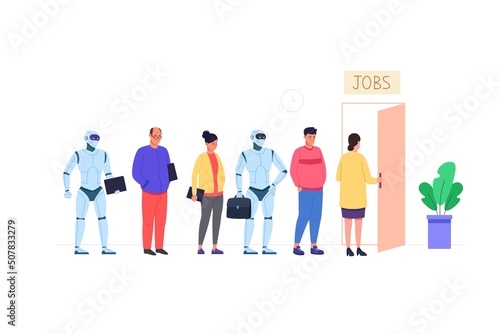 Robot job interview. Work robots in recruit future jobs, science technology robotics business, concept unemployment, career artificial executive, cartoon garish vector illustration