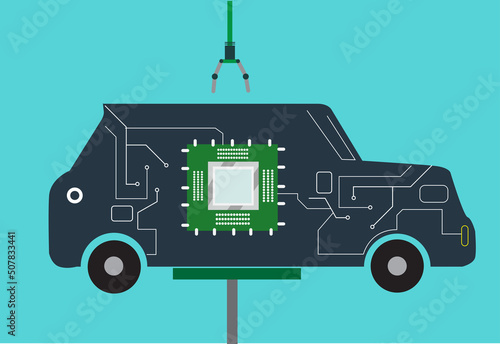 A microchip installed in car. Scanning Repair Service. Editable Clip art.