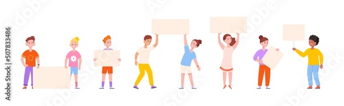Pupils holding signs. Kids hold blank banner, children teenage protest student with placard or card board, boy and girl activist billboard friends paper frames, vector illustration