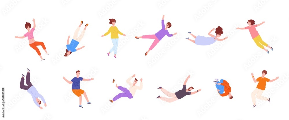 People in floating pose. Flying in dream characters, soaring gravity person fly float air man, flying of imagination sky swimming hovering falling, flat splendid vector illustration People in floating pose. Flying in dream characters, soaring gravity person fly float air man, flying of imagination sky swimming hovering falling, flat splendid vector illustration