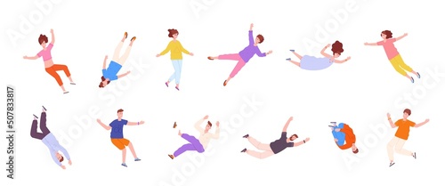 People in floating pose. Flying in dream characters, soaring gravity person fly float air man, flying of imagination sky swimming hovering falling, flat splendid vector illustration