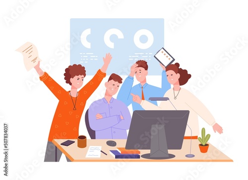 Disagreement coworker. Toxic work relationship office workplace, group workers arguing expressing complaint argument stressed meeting anger colleagues, splendid vector illustration