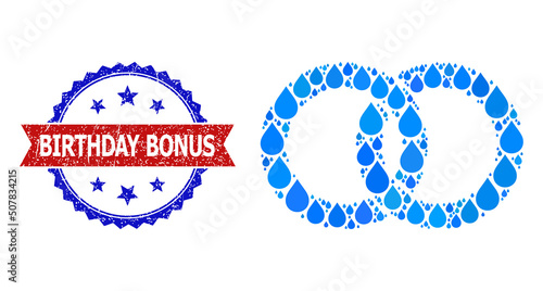 Vector mosaic marriage rings, and bicolor rubber Birthday Bonus seal. Marriage rings mosaic for clean water ads. Marriage rings is formed with blue clear aqua dews.