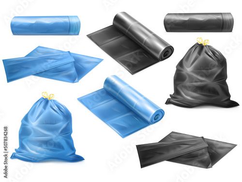 3d trash bags. Realistic polyethylene packaging for supplies kitchen trash or dustbin, mockup black plastic sack rouleau garbage isolated roll