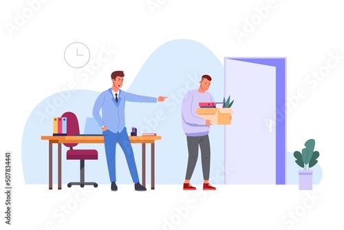 Boss dismissing employee. Dismissal worker, employer pointing door quit office fired businessman leave work place job unemployment layoff bad mistakes employees vector illustration