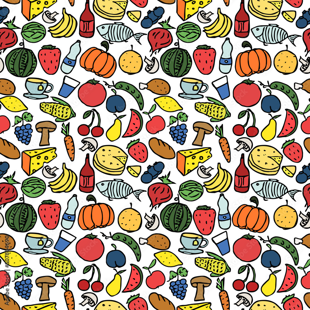 Seamless pattern with food icons. Colored doodle food pattern. Food background Seamless pattern with food icons. Colored doodle food pattern. Food background