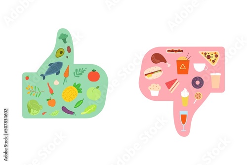 Healthy vs junk food. Choice good or bad nutrition, compare meal unhealthy fastfood, green vegetables balanced diet, cholesterol fatness snacks losses calories, vector illustration