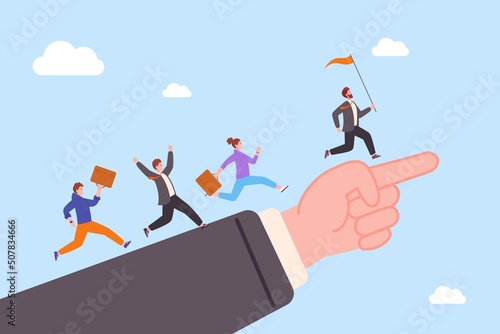 Organization lead team. Leadership organizations teamwork direction, empower leader helping business company ceo communication office attitude staff management vector illustration